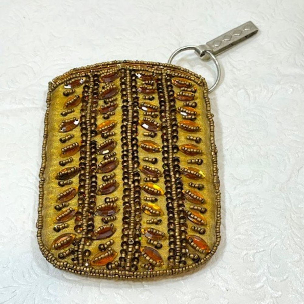 VTG Mini Gold Beaded Snap Pouch Coin ID Purse w/Key Ring & Clip 5.5"x4"